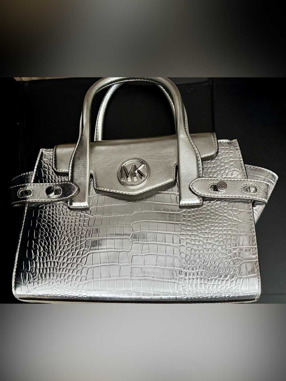 Michael Kors Metallic Silver Croc-Embossed Satchel 8x11 - Picture 4 of 13